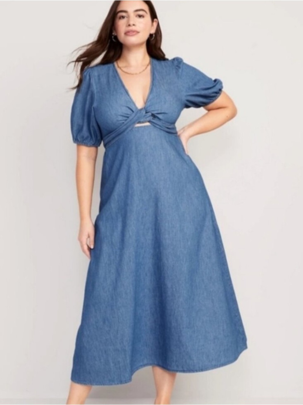 Old Navy Light Blue Denim Midi Dress with Puff Sleeves - Picture 3 of 5